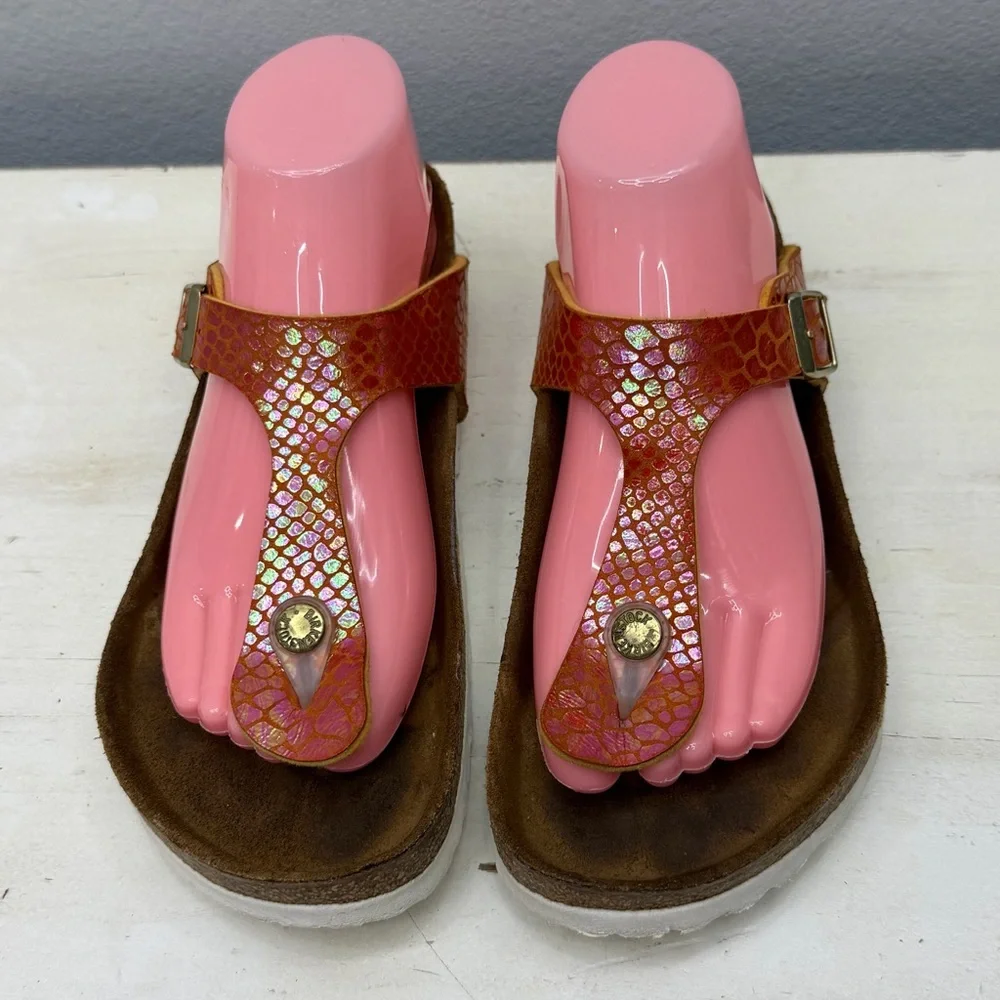 Birkenstock Orange Snake Leather Gizeh Sandals Size 38
